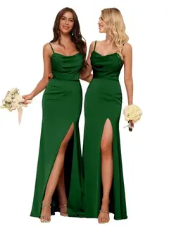 Sheath/Column Spaghetti Straps Sleeveless Floor Length Bridesmaid Dresses Satin with Ruffles Split — view 33
