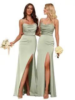 Sheath/Column Spaghetti Straps Sleeveless Floor Length Bridesmaid Dresses Satin with Ruffles Split — view 34