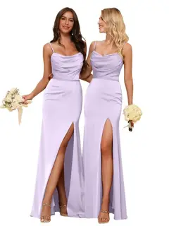Sheath/Column Spaghetti Straps Sleeveless Floor Length Bridesmaid Dresses Satin with Ruffles Split — view 35