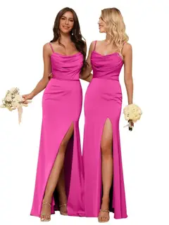 Sheath/Column Spaghetti Straps Sleeveless Floor Length Bridesmaid Dresses Satin with Ruffles Split — view 36