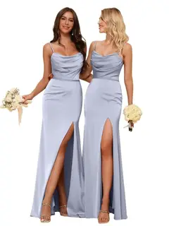 Sheath/Column Spaghetti Straps Sleeveless Floor Length Bridesmaid Dresses Satin with Ruffles Split — view 37