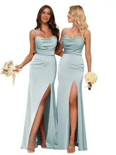 Sheath/Column Spaghetti Straps Sleeveless Floor Length Bridesmaid Dresses Satin with Ruffles Split — view 38