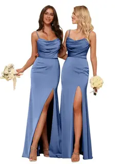 Sheath/Column Spaghetti Straps Sleeveless Floor Length Bridesmaid Dresses Satin with Ruffles Split — view 39