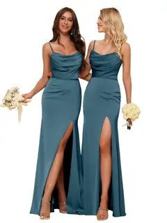 Sheath/Column Spaghetti Straps Sleeveless Floor Length Bridesmaid Dresses Satin with Ruffles Split — view 41