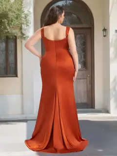 Sheath/Column Sweetheart Sleeveless Floor-Length Satin Plus Size Bridesmaid Dresses with Split Side & Ruffles — view 2