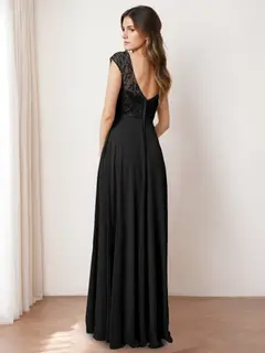 A-Line/Princess Jewel Neck Sleeveless Floor-Length Long Bridesmaid Dresses with Lace — view 2