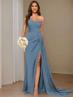 A-Line/Princess Satin One-shoulder Sleeveless Floor-Length Bridesmaid Dresses — view 1