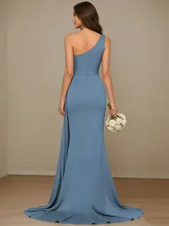 A-Line/Princess Satin One-shoulder Sleeveless Floor-Length Bridesmaid Dresses — view 2