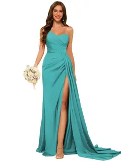 A-Line/Princess Satin One-shoulder Sleeveless Floor-Length Bridesmaid Dresses — view 3