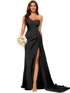 A-Line/Princess Satin One-shoulder Sleeveless Floor-Length Bridesmaid Dresses — view 4
