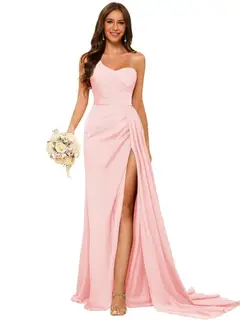 A-Line/Princess Satin One-shoulder Sleeveless Floor-Length Bridesmaid Dresses — view 5