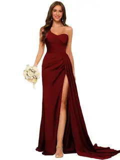 A-Line/Princess Satin One-shoulder Sleeveless Floor-Length Bridesmaid Dresses — view 6