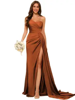 A-Line/Princess Satin One-shoulder Sleeveless Floor-Length Bridesmaid Dresses — view 7