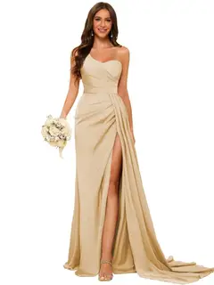 A-Line/Princess Satin One-shoulder Sleeveless Floor-Length Bridesmaid Dresses — view 8