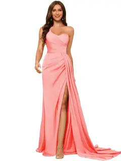 A-Line/Princess Satin One-shoulder Sleeveless Floor-Length Bridesmaid Dresses — view 9