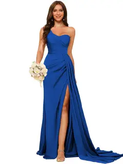 A-Line/Princess Satin One-shoulder Sleeveless Floor-Length Bridesmaid Dresses — view 10
