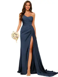 A-Line/Princess Satin One-shoulder Sleeveless Floor-Length Bridesmaid Dresses — view 11