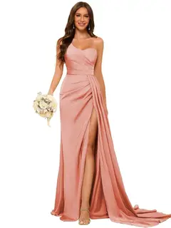 A-Line/Princess Satin One-shoulder Sleeveless Floor-Length Bridesmaid Dresses — view 12