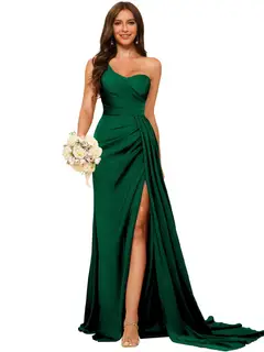 A-Line/Princess Satin One-shoulder Sleeveless Floor-Length Bridesmaid Dresses — view 14