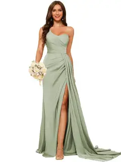 A-Line/Princess Satin One-shoulder Sleeveless Floor-Length Bridesmaid Dresses — view 15