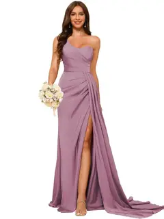 A-Line/Princess Satin One-shoulder Sleeveless Floor-Length Bridesmaid Dresses — view 16