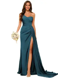 A-Line/Princess Satin One-shoulder Sleeveless Floor-Length Bridesmaid Dresses — view 30