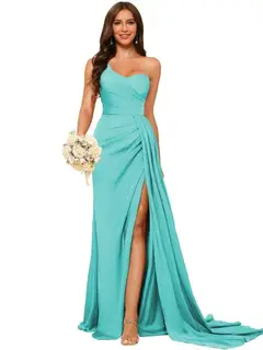 A-Line/Princess Satin One-shoulder Sleeveless Floor-Length Bridesmaid Dresses — view 31