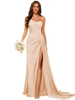 A-Line/Princess Satin One-shoulder Sleeveless Floor-Length Bridesmaid Dresses — view 41
