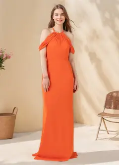 A-Line/Princess Halter Neck Sleeveless Floor-Length Bridesmaid Dresses with Ruffles — view 1