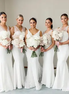 Trumpet/Mermaid V-Neck Sleeveless Sweep Train Ruched Bridesmaid Dresses with Sash — view 1