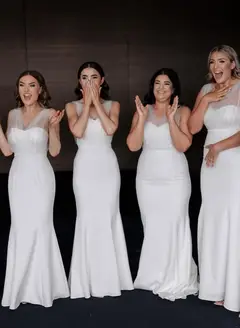 Trumpet/Mermaid V-Neck Sleeveless Sweep Train Ruched Bridesmaid Dresses with Sash — view 2
