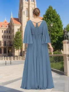 A-Line/Princess Deep V-Neck Long Sleeves Floor-Length Unique Plus Size Bridesmaid Dresses with Split Side & Ruffles — view 2