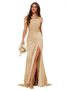 Mermaid Off Shoulder Sleeveless Sweep Train Bridesmaid Dresses Stain with Slit Train — view 17