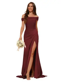 Mermaid Off Shoulder Sleeveless Sweep Train Bridesmaid Dresses Stain with Slit Train — view 22