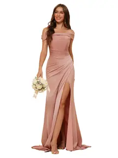 Mermaid Off Shoulder Sleeveless Sweep Train Bridesmaid Dresses Stain with Slit Train — view 23