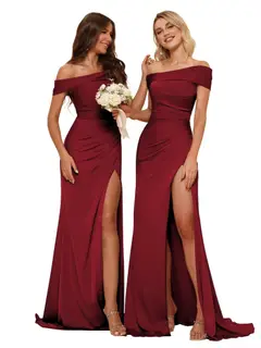 Mermaid Off Shoulder Sleeveless Sweep Train Bridesmaid Dresses Stain with Slit Train — view 24