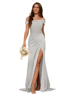 Mermaid Off Shoulder Sleeveless Sweep Train Bridesmaid Dresses Stain with Slit Train — view 27