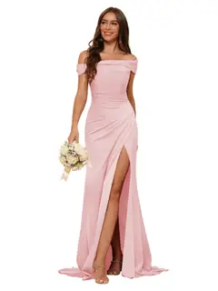 Mermaid Off Shoulder Sleeveless Sweep Train Bridesmaid Dresses Stain with Slit Train — view 28