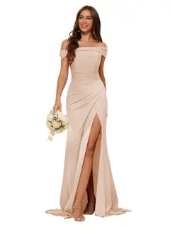 Mermaid Off Shoulder Sleeveless Sweep Train Bridesmaid Dresses Stain with Slit Train — view 30