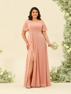 A-Line/Princess One-Shoulder Floor-Length Split Side Plus Size Bridesmaid Dresses — view 3