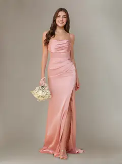 Sheath/Column Spaghetti Straps Sleeveless Floor-Length Silk Satin Bridesmaid Dresses with Ruffles & Split Side — view 2