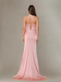 Sheath/Column Spaghetti Straps Sleeveless Floor-Length Silk Satin Bridesmaid Dresses with Ruffles & Split Side — view 3