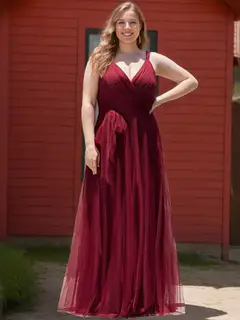A-Line/Princess Deep V-Neck Sleeveless Floor-Length Plus Size Bridesmaid Dresses with Lace — view 1