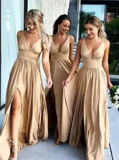 A-Line/Princess Sexy Plunge V-Neck Sleeveless Floor-Length Pleated Bridesmaid Dresses with Slit — view 1