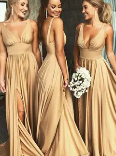 A-Line/Princess Sexy Plunge V-Neck Sleeveless Floor-Length Pleated Bridesmaid Dresses with Slit — view 3