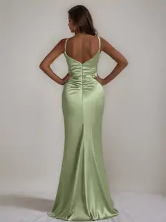 Trumpet/Mermaid Spaghetti Straps Sleeveless Ruched Floor-Length Bridesmaid Dresses with High Slit — view 2