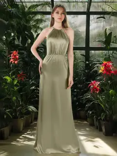 A-Line/Princess Halter Sleeveless Floor-Length Bridesmaid Dresses with Ruffles — view 1