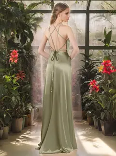 A-Line/Princess Halter Sleeveless Floor-Length Bridesmaid Dresses with Ruffles — view 2