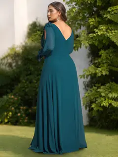 A-Line/Princess Deep V-Neck Long Sleeves Floor-Length Plus Size Bridesmaid Dresses with Split Side — view 2