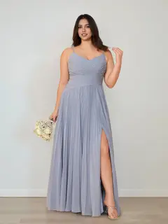 A-Line/Princess V-Neck Spaghetti Straps Sleeveless Floor-Length Plus Size Bridesmaid Dresses with Ruffles & Split Side — view 1